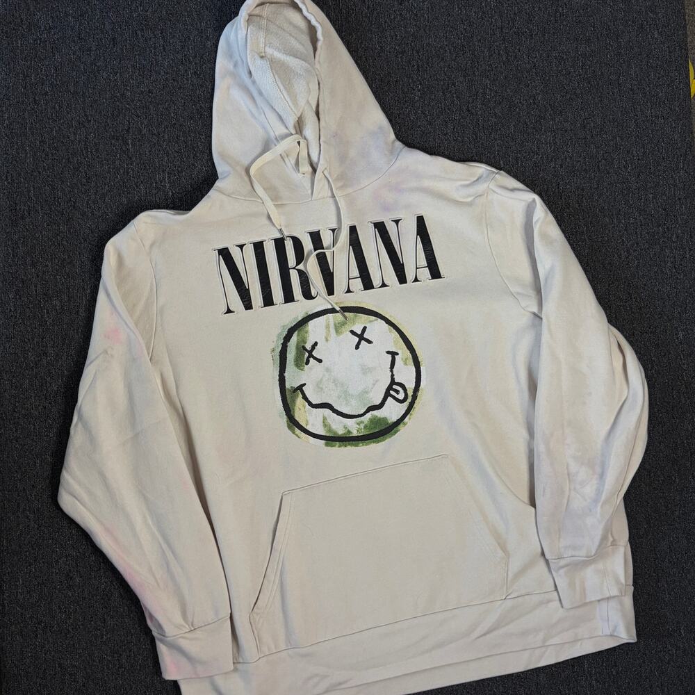 Vintage Y2k Nirvana Smiley Face 3D Graphic White Hoodie Sweatshirt Men's 2XL